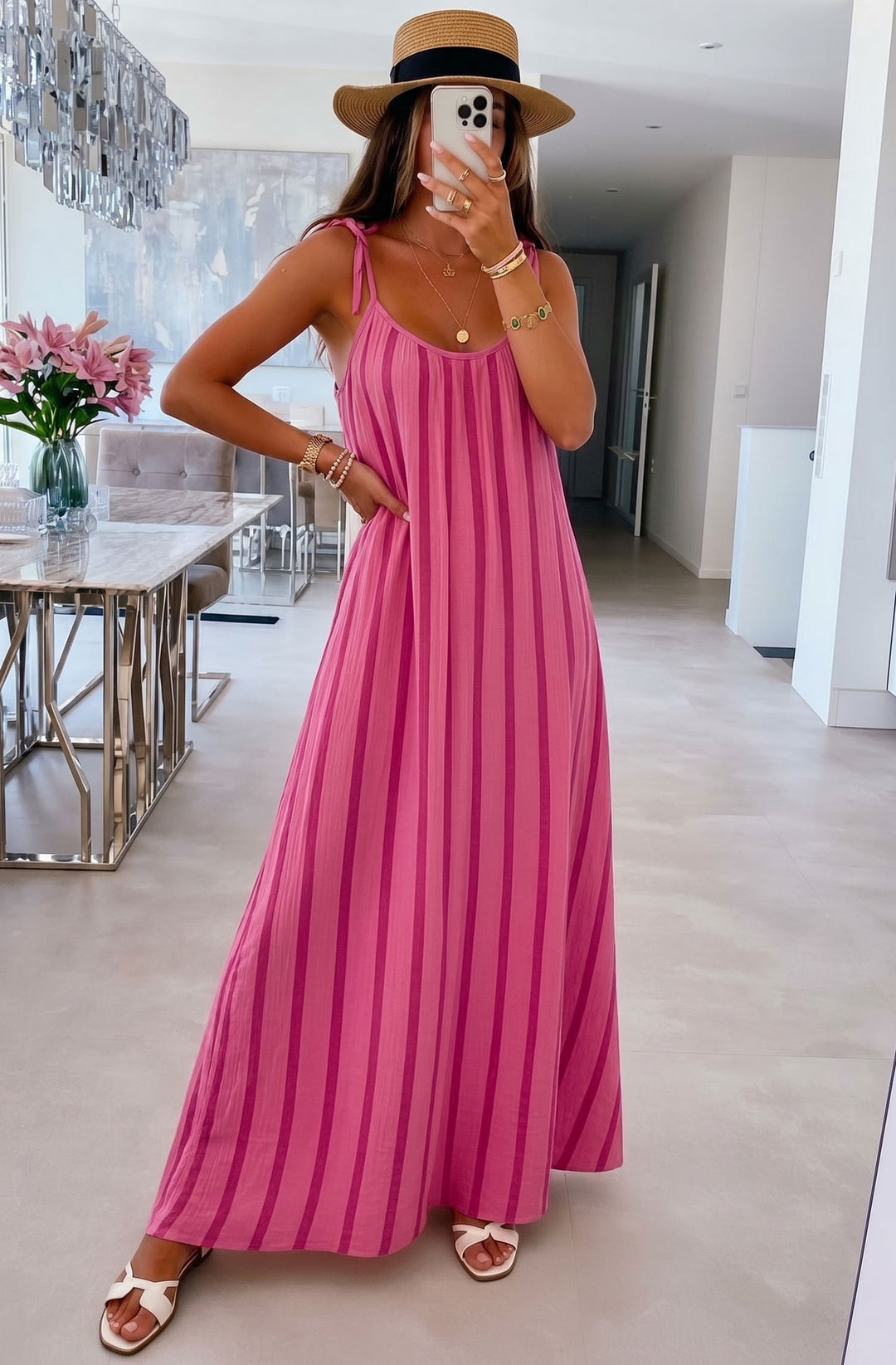 Josette Stripe Pocket Tie-Up Strap Cotton Gauze Style Maxi Dress