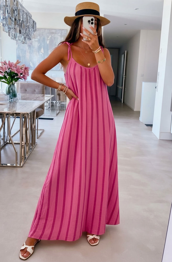 Josette Stripe Pocket Tie-Up Strap Cotton Gauze Style Maxi Dress
