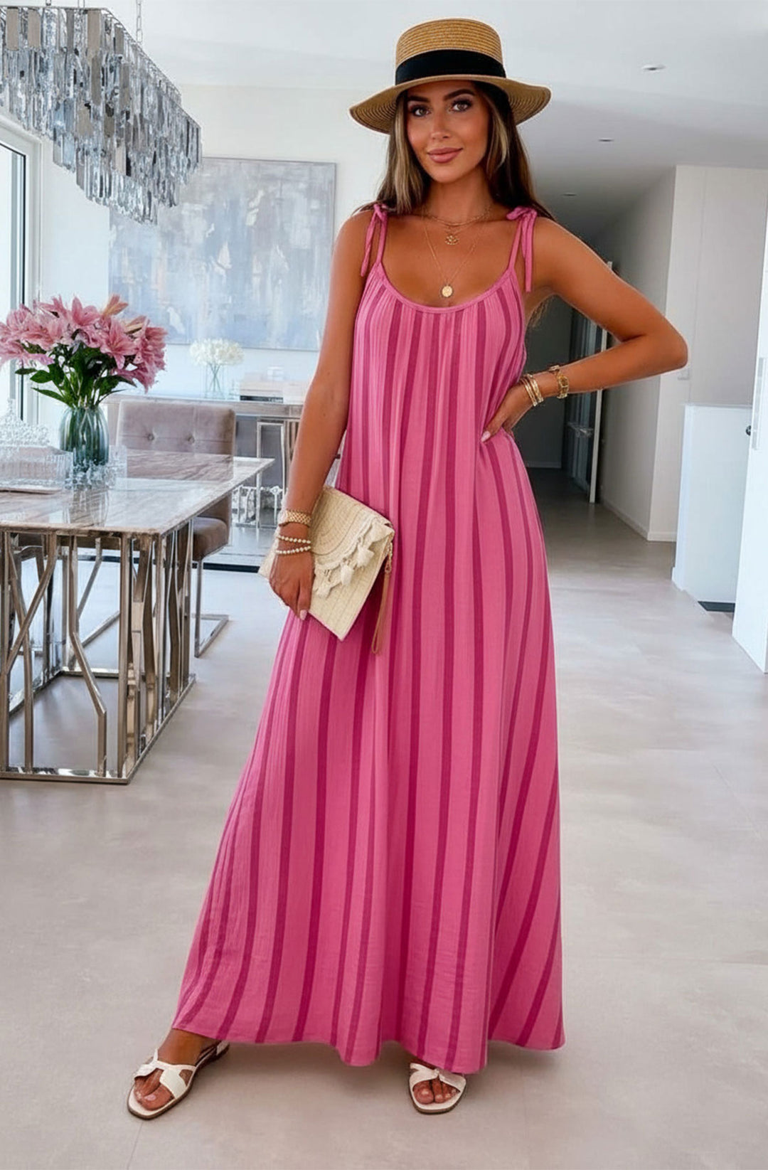 Josette Stripe Pocket Tie-Up Strap Cotton Gauze Style Maxi Dress