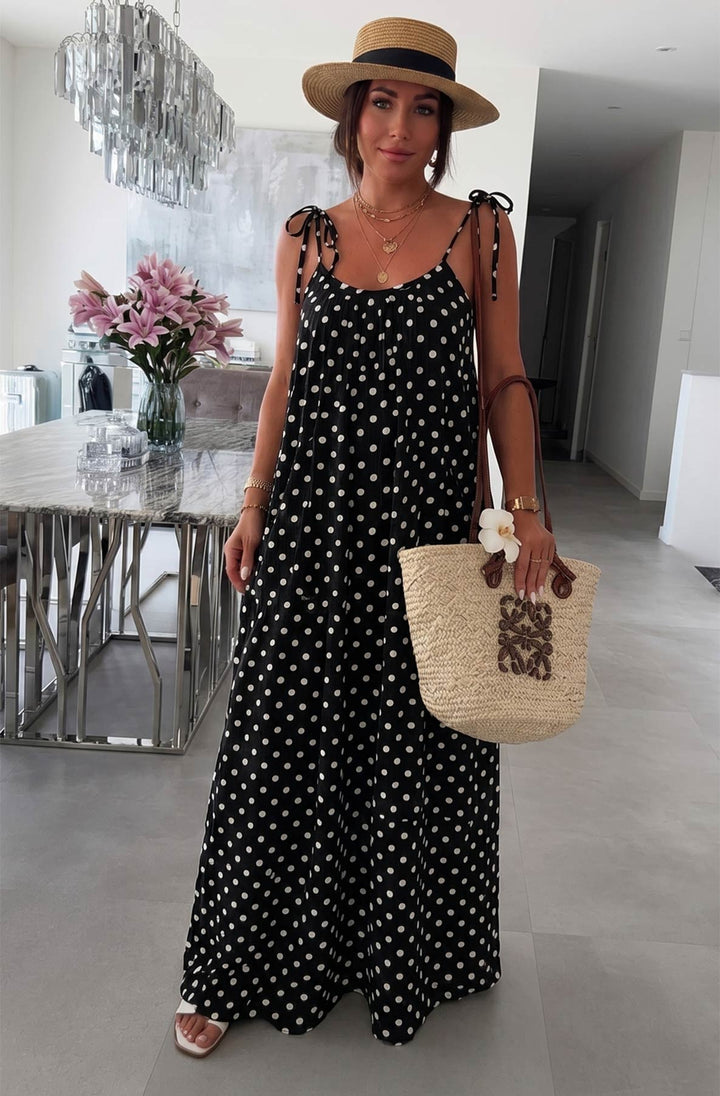 Josette Polka Dot Pocket Tie-Up Strap Cotton Gauze Style Maxi Dress