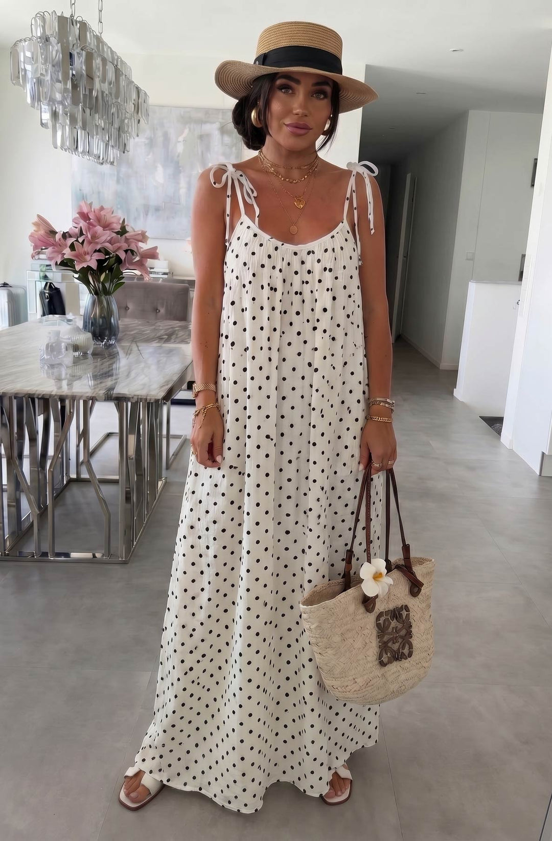 Josette Polka Dot Pocket Tie-Up Strap Cotton Gauze Style Maxi Dress