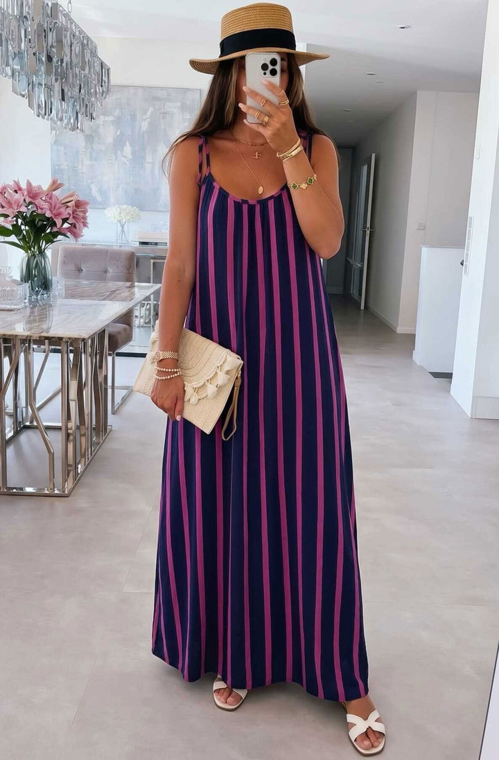Josette Stripe Pocket Tie-Up Strap Cotton Gauze Style Maxi Dress