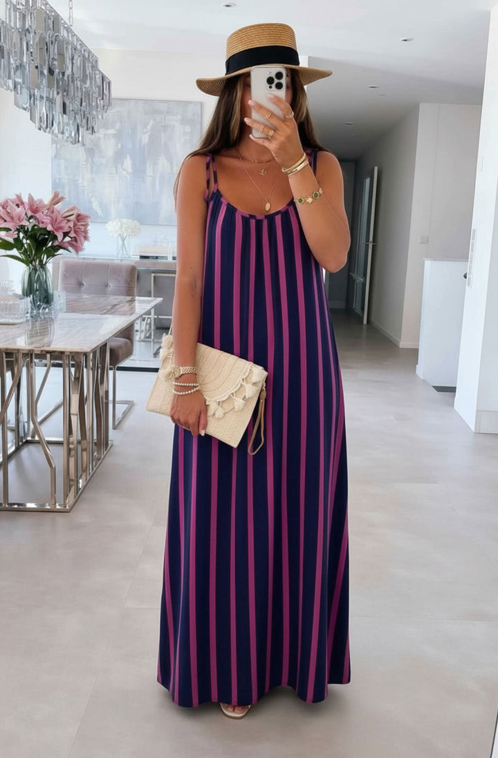 Josette Stripe Pocket Tie-Up Strap Cotton Gauze Style Maxi Dress