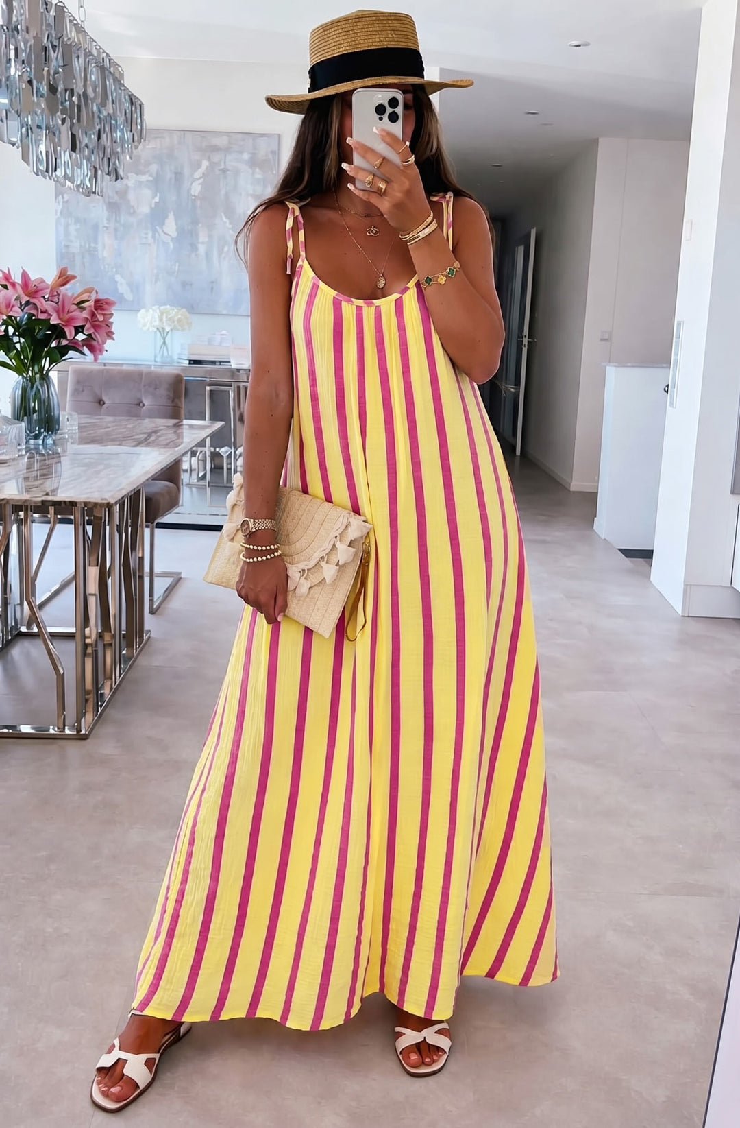 Josette Stripe Pocket Tie-Up Strap Cotton Gauze Style Maxi Dress