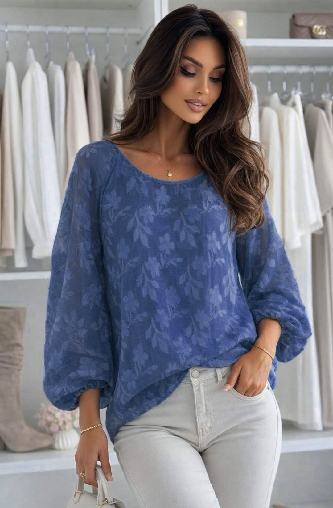 Judith Oversized Textured Floral Batwing Boat Neck Blouse Top - Blue