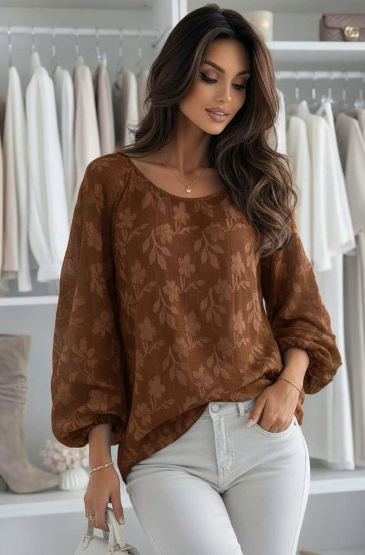 Judith Oversized Textured Floral Batwing Boat Neck Blouse Top - Brown