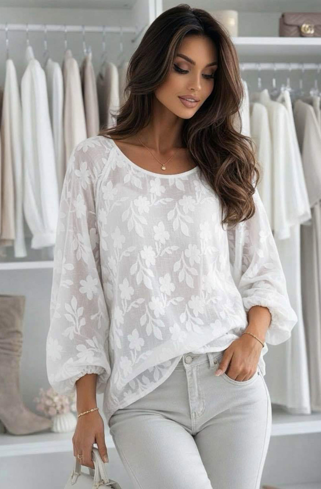 Judith Oversized Textured Floral Batwing Boat Neck Blouse Top - Ivory