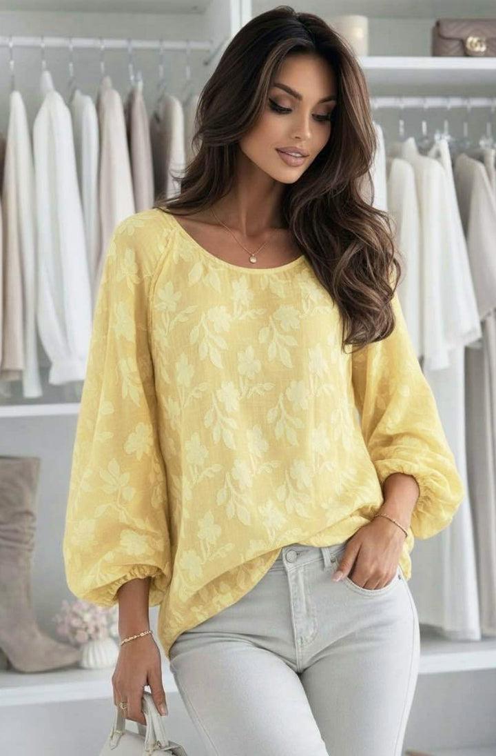 Judith Oversized Textured Floral Batwing Boat Neck Blouse Top - Yellow