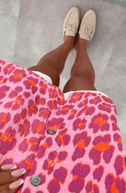 Julie Leopard Animal Oversized Cotton Gauze Style Blouse Shirt Top-Pink