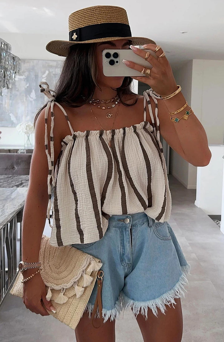 Kacie Striped Cropped Cotton Gauze Style Tie-Up Top-Stone