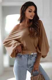 Kaia Batwing Style Light Knitted Jumper Sweater Top-Brown