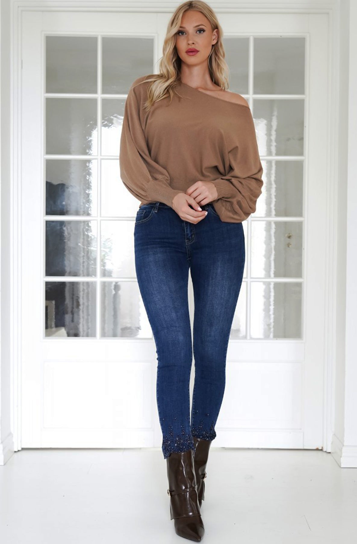 Kaia Batwing Style Light Knitted Jumper Sweater Top-Brown