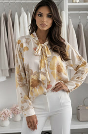 Kaira Satin Floral Batwing Tie-Neck Blouse Top-Yellow