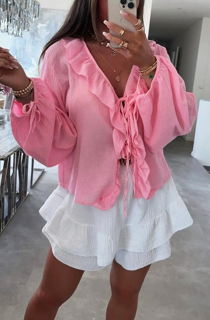 Karrie Frill Front Tie-Up Blouse Shirt Top-Pink