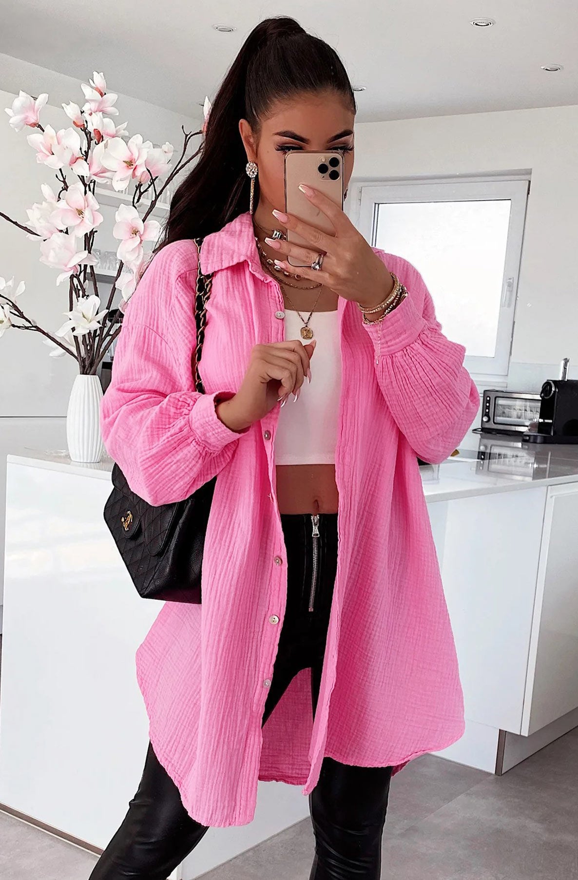 Kasia Oversized Cotton Gauze Style Shirt Dress Top-Pink