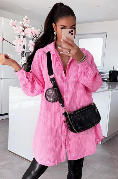 Kasia Oversized Cotton Gauze Style Shirt Dress Top-Pink