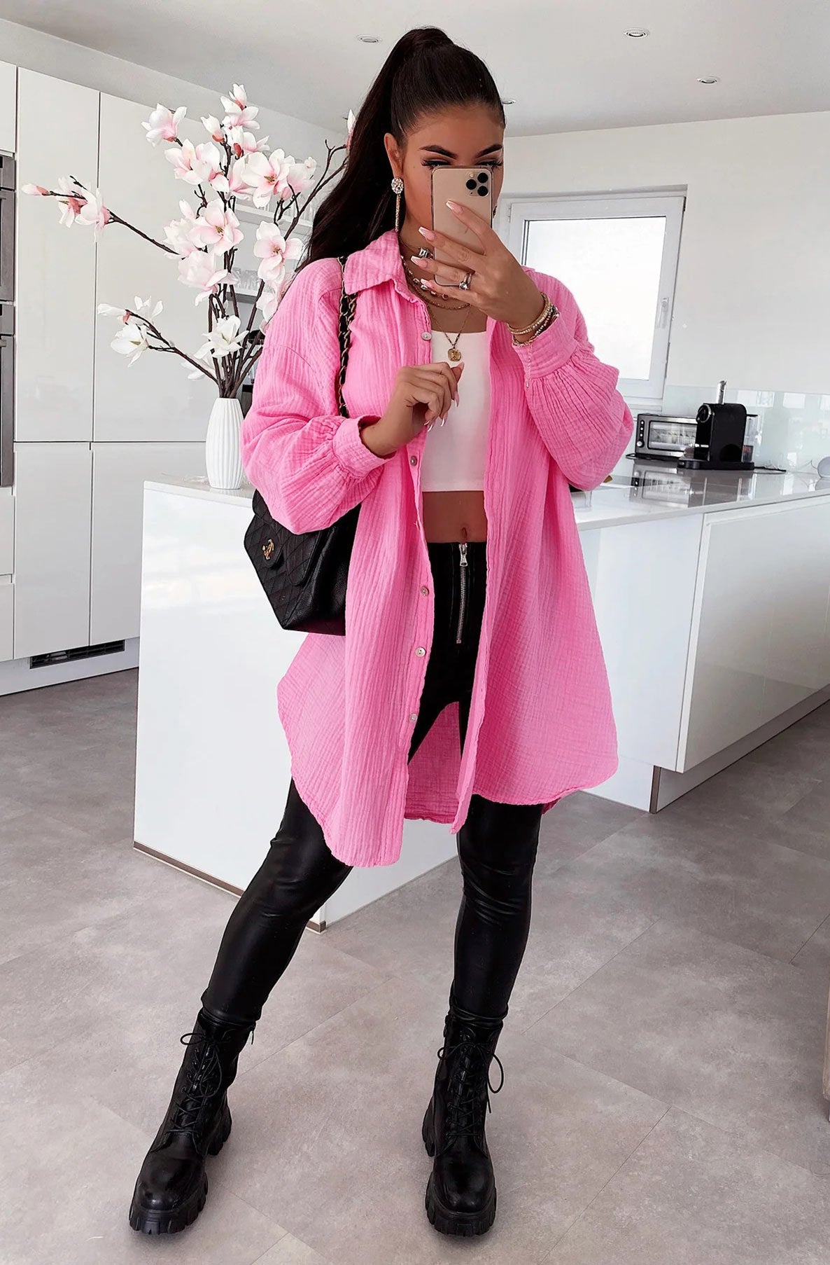 Kasia Oversized Cotton Gauze Style Shirt Dress Top-Pink