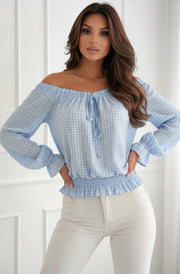 Kathani Gingham Check Bardot Frill Shirred Waist Blouse Top-Blue