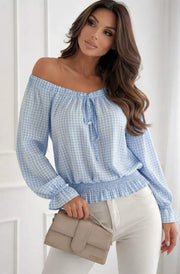 Kathani Gingham Check Bardot Frill Shirred Waist Blouse Top-Blue