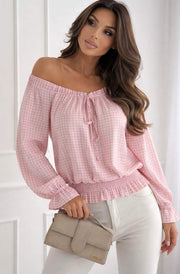 Kathani Gingham Check Bardot Frill Shirred Waist Blouse Top-Pink