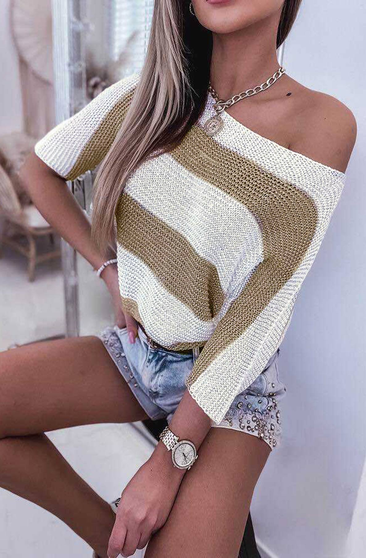 Katie Shimmer Block Contrast Knitted Jumper Sweater Top-Ivory