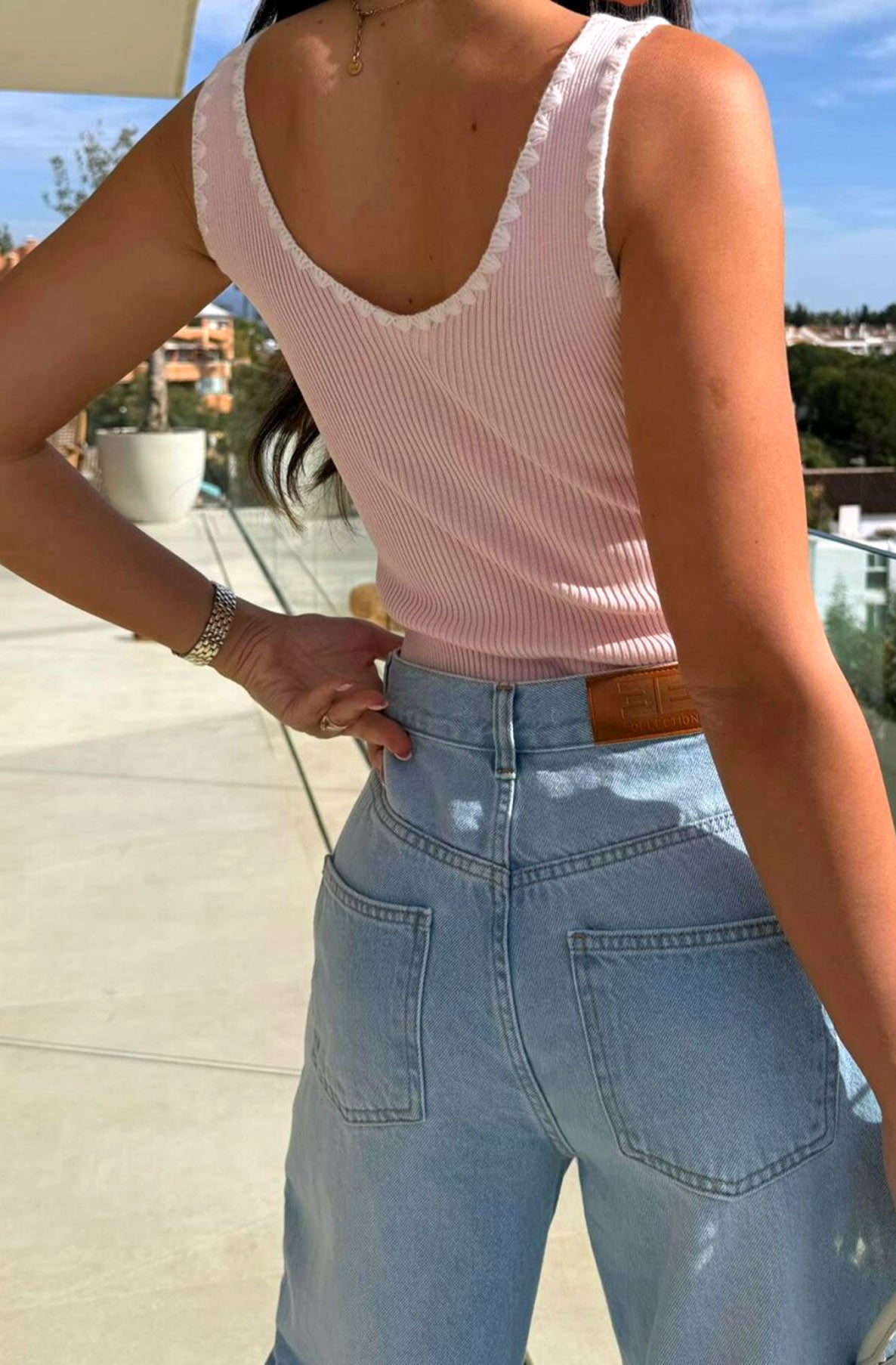 Katy Ribbed Contrast Trim Bodysuit-Baby Pink
