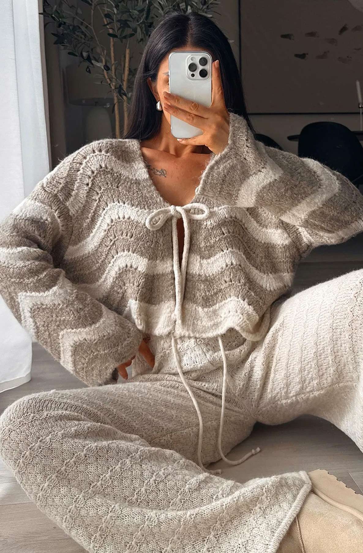 Kaya Tie-Front Knit Cardigan-Stone