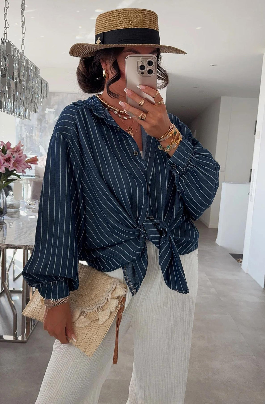 Kaylie Oversized Collared Striped Shirt Top - Navy