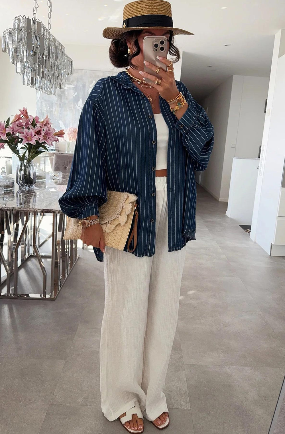 Kaylie Oversized Collared Striped Shirt Top - Navy