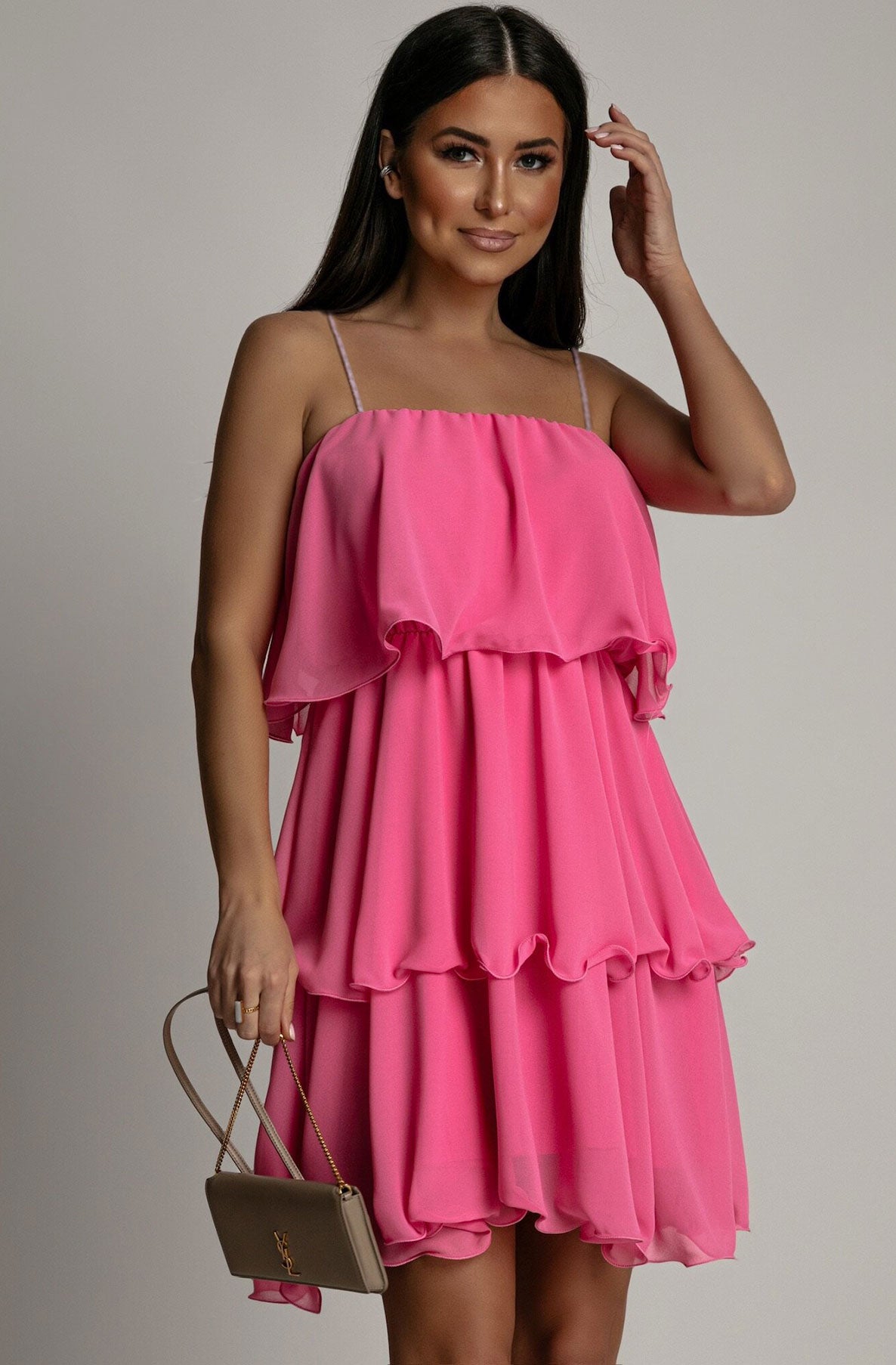 Kenedie Chiffon Frill Tiered Dress-Pink