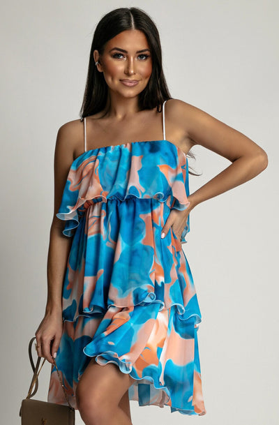 Kenedie Patterned Chiffon Frill Tiered Dress-Blue