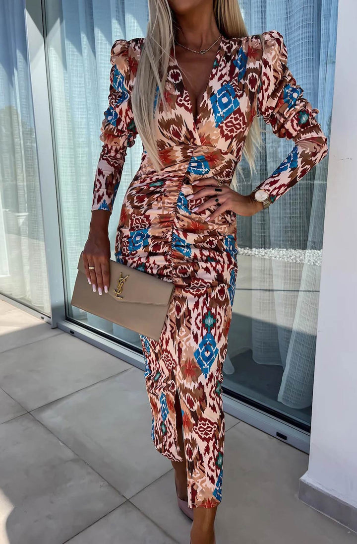 Lucy Abstract Print Bodycon Ruched Midaxi Dress - Brown