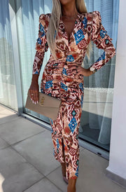 Lucy Abstract Print Bodycon Ruched Midaxi Dress-Brown