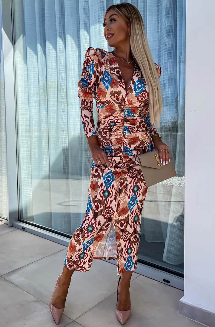 Lucy Abstract Print Bodycon Ruched Midaxi Dress - Brown