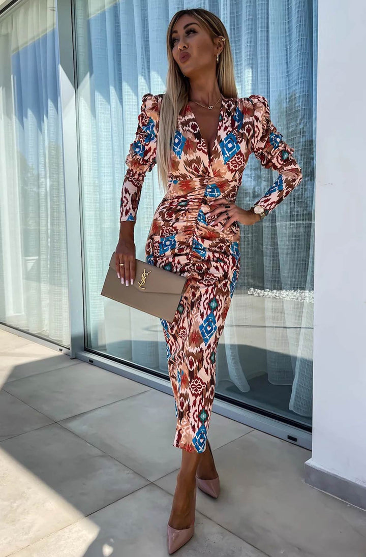 Lucy Abstract Print Bodycon Ruched Midaxi Dress - Brown