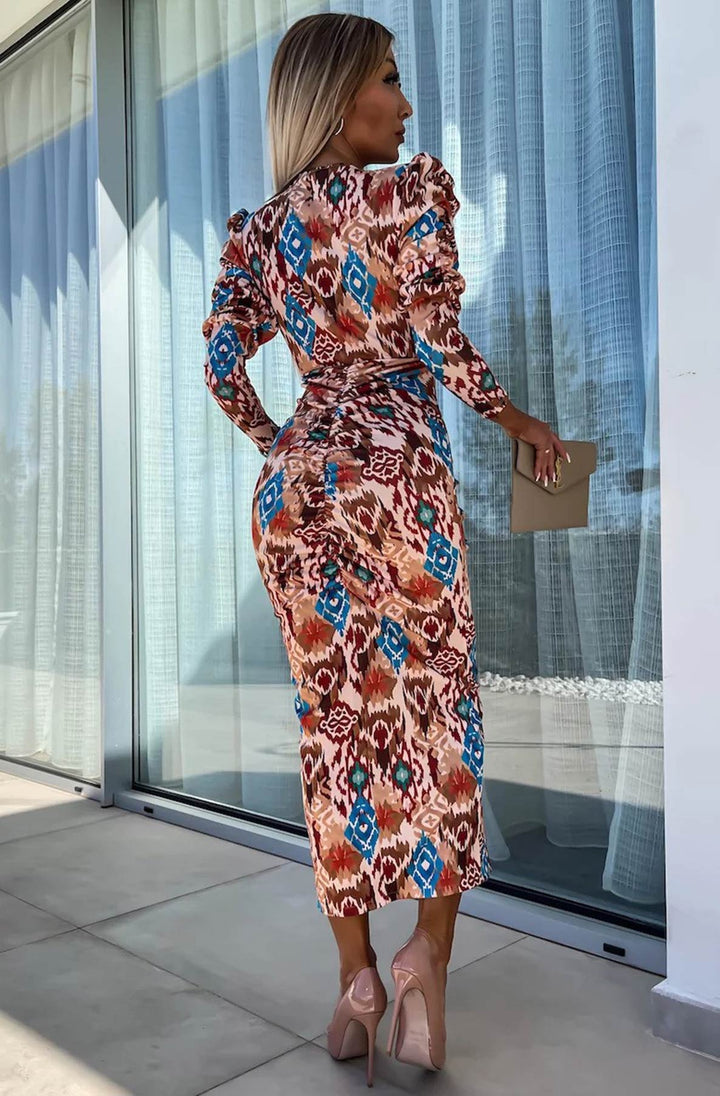 Lucy Abstract Print Bodycon Ruched Midaxi Dress-Brown