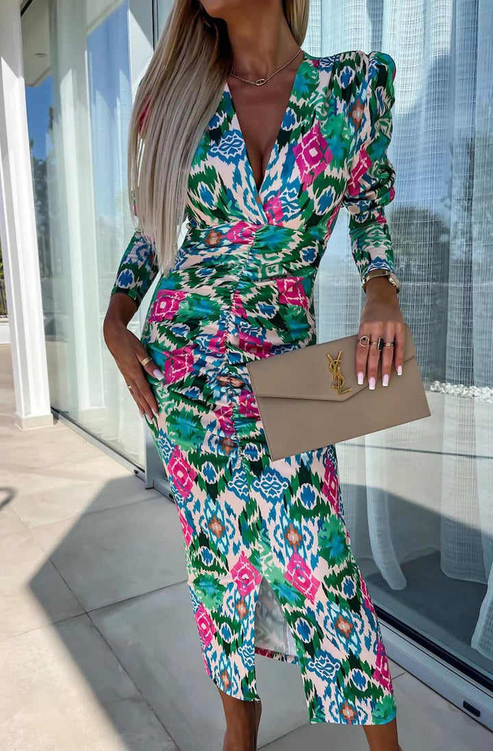 Lucy Abstract Print Bodycon Ruched Midaxi Dress - Green