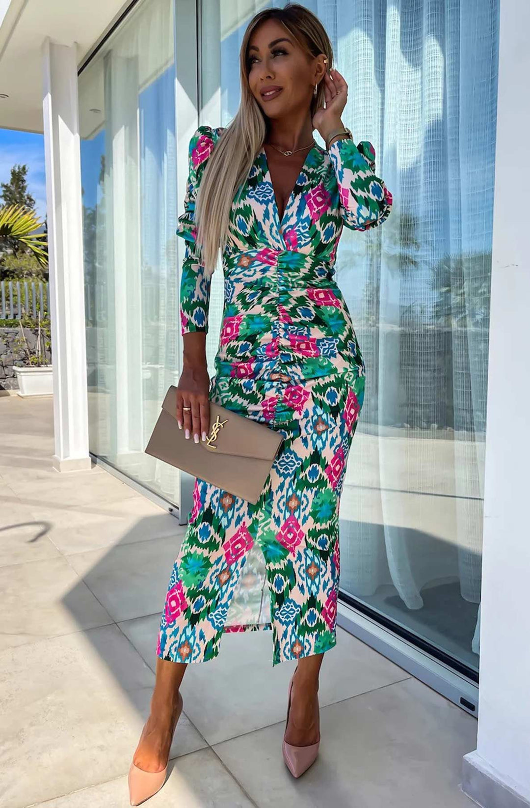 Lucy Abstract Print Bodycon Ruched Midaxi Dress - Green