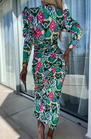 Kimberly Abstract Print Bodycon Ruched Midaxi Dress-Green