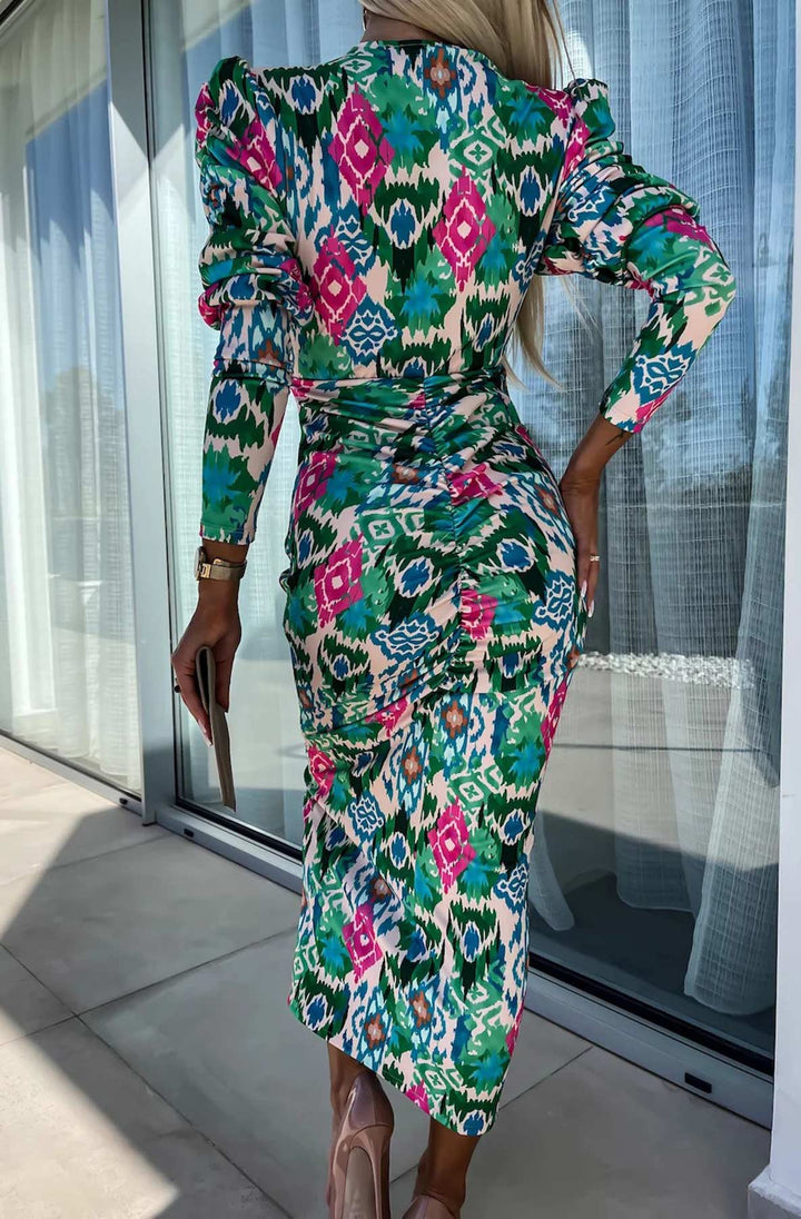 Lucy Abstract Print Bodycon Ruched Midaxi Dress - Green