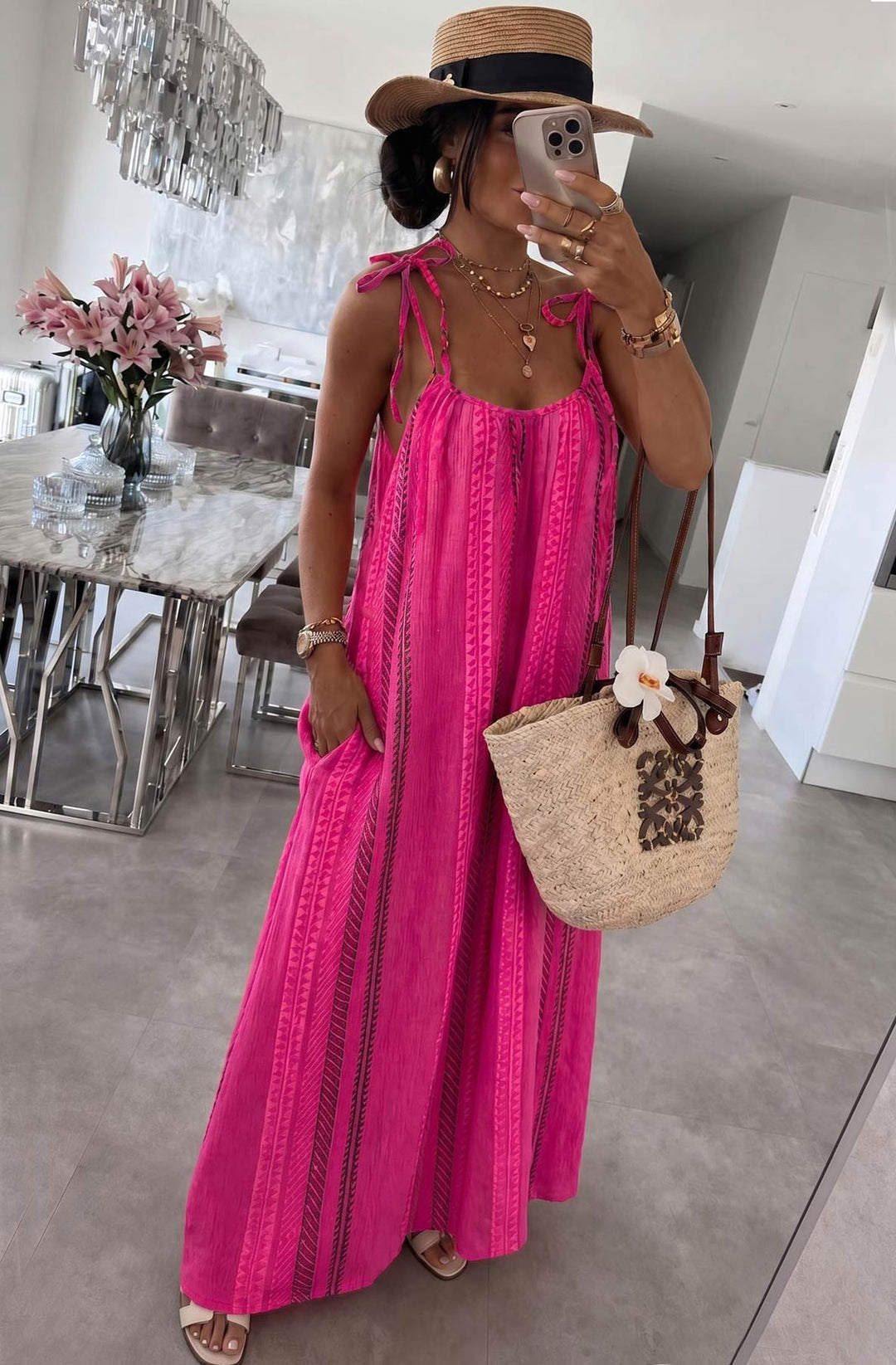 Kimberly Cotton Gauze Style Tie-Up Aztec Print Maxi Dress