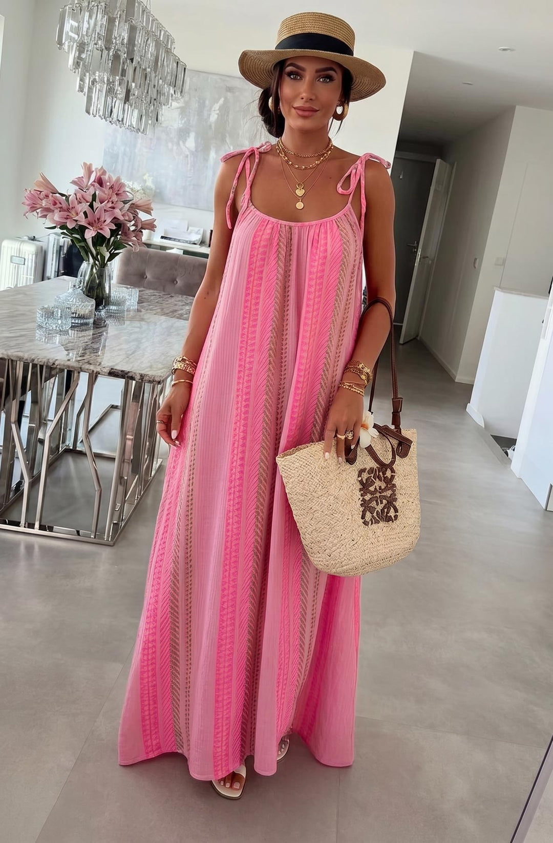 Kimberly Cotton Gauze Style Tie-Up Aztec Print Maxi Dress