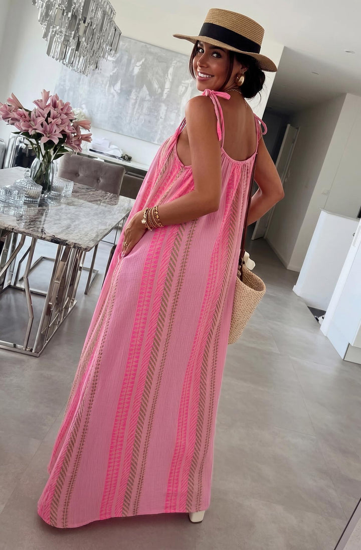 Kimberly Cotton Gauze Style Tie-Up Aztec Print Maxi Dress