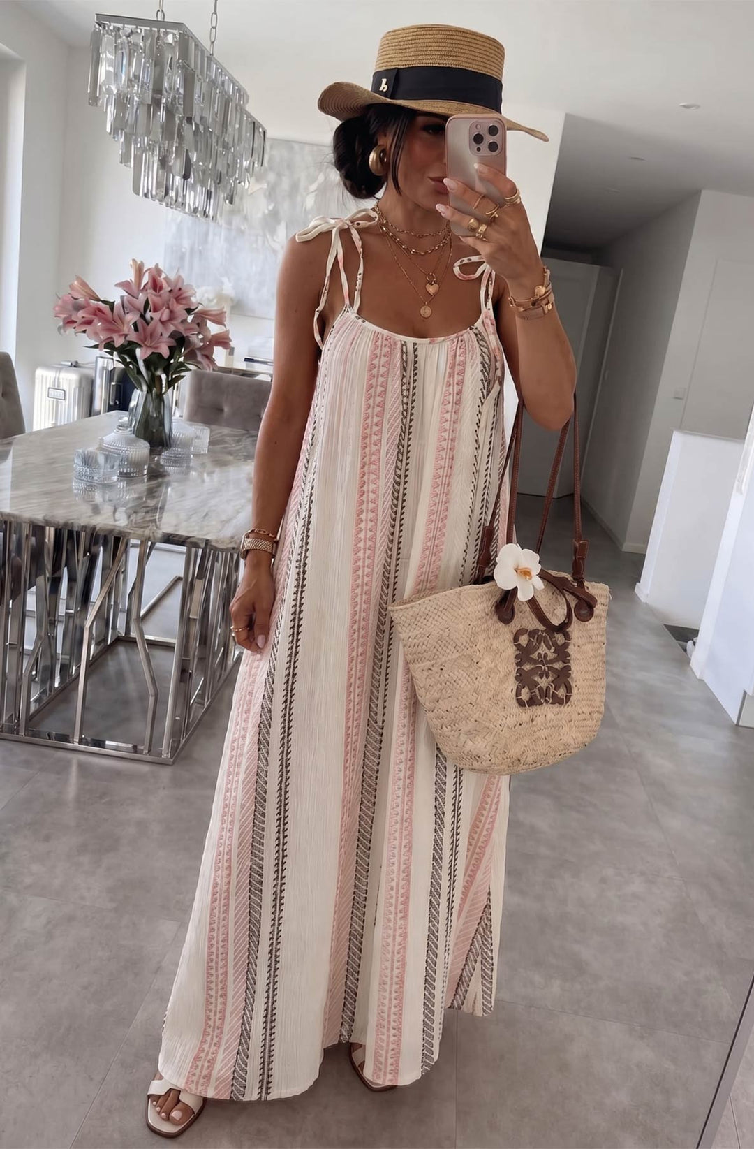 Kimberly Cotton Gauze Style Tie-Up Aztec Print Maxi Dress
