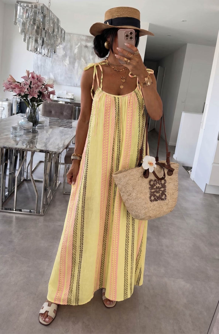 Kimberly Cotton Gauze Style Tie-Up Aztec Print Maxi Dress