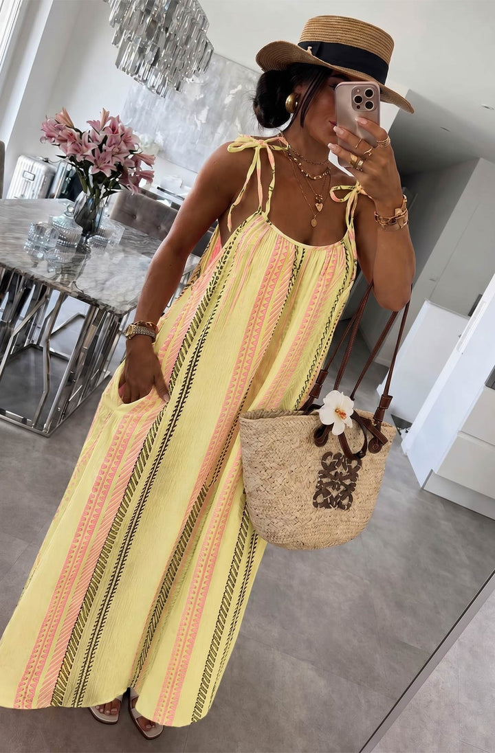 Kimberly Cotton Gauze Style Tie-Up Aztec Print Maxi Dress