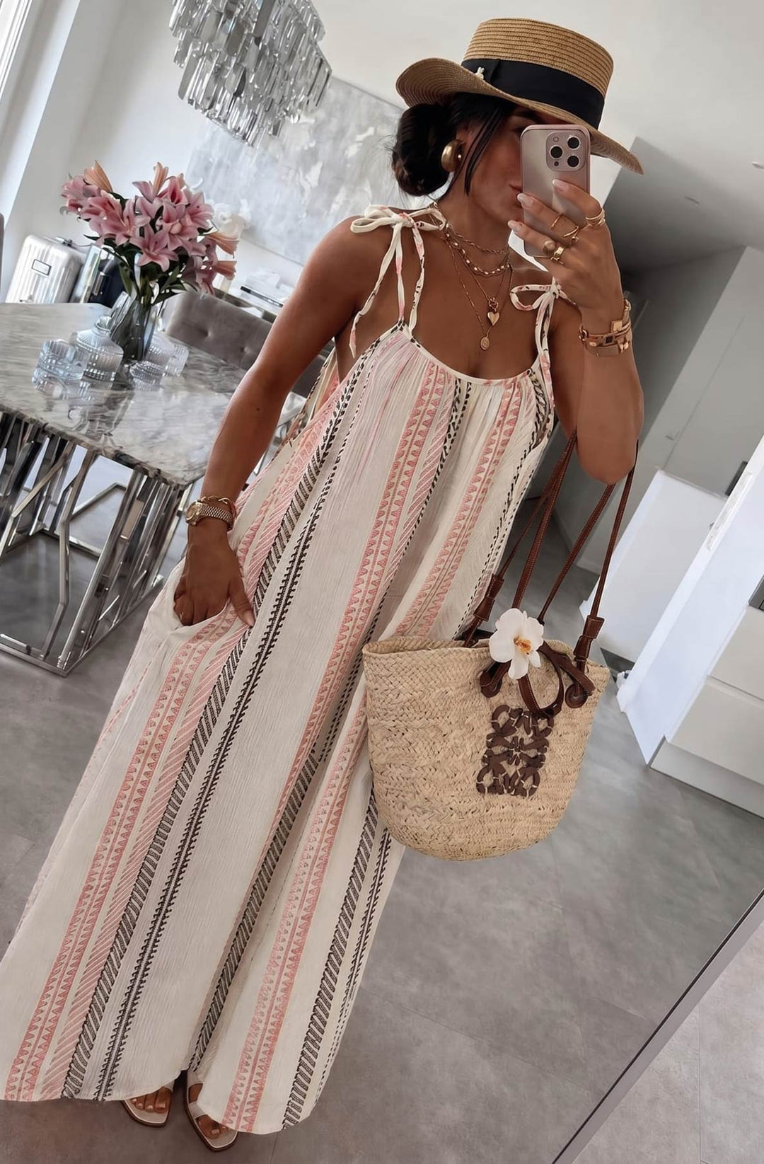 Kimberly Cotton Gauze Style Tie-Up Aztec Print Maxi Dress