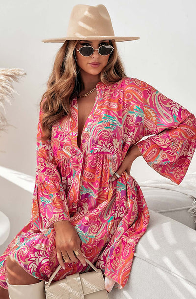 Kira Boho Oversized Floral Paisley Abstract Tunic Dress-Multi
