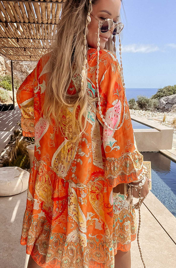 Kira Oversized Abstract Floral Tunic Dress-OrangeYellow
