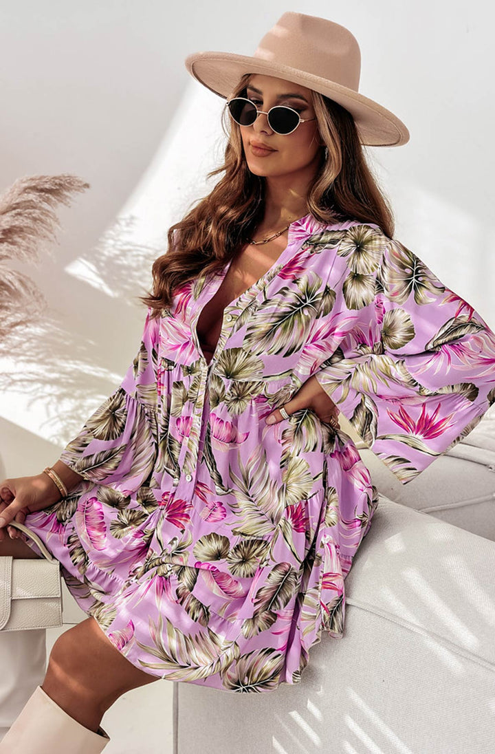 Kira Boho Oversized Tropical Floral Abstract Tunic Dress-Purple
